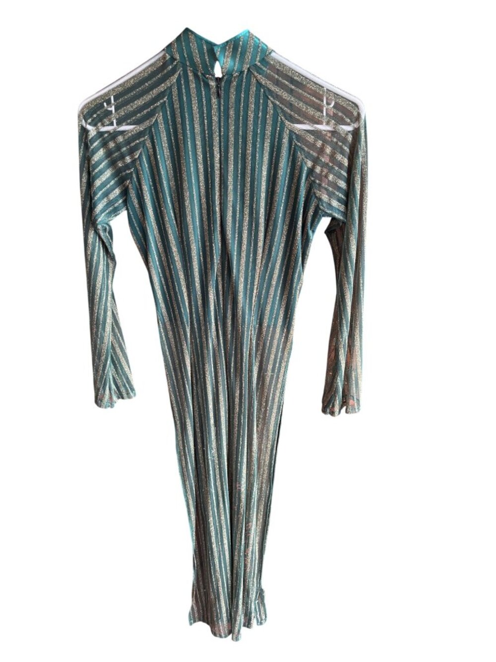 Green & Gold Striped Floral Embellished Long Sleeve Dress M 46d - Picture 3 of 5
